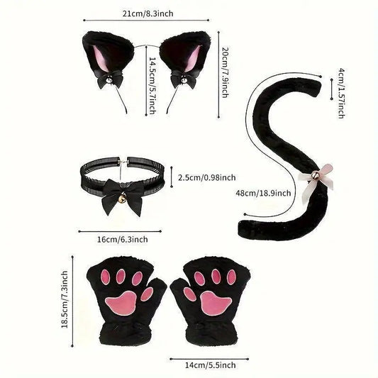 Cute Cat Cosplay Costume Accessories Set with Cat Ears Headband, Paw Gloves, Tail, Choker - Polyester Fairy Theme Outfit Kit for Halloween Dress Up - Hand Washable - SS69