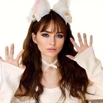 Cute Cat Cosplay Costume Accessories Set with Cat Ears Headband, Paw Gloves, Tail, Choker - Polyester Fairy Theme Outfit Kit for Halloween Dress Up - Hand Washable - SS69