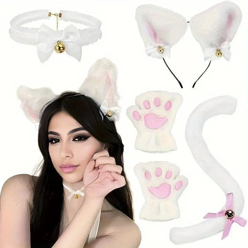 Cute Cat Cosplay Costume Accessories Set with Cat Ears Headband, Paw Gloves, Tail, Choker - Polyester Fairy Theme Outfit Kit for Halloween Dress Up - Hand Washable - SS69