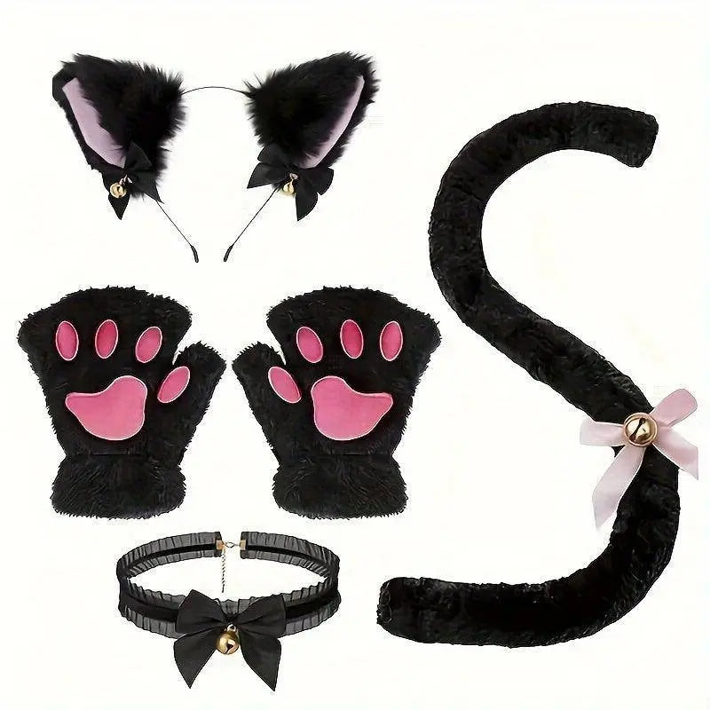 Cute Cat Cosplay Costume Accessories Set with Cat Ears Headband, Paw Gloves, Tail, Choker - Polyester Fairy Theme Outfit Kit for Halloween Dress Up - Hand Washable - SS69