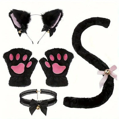 Cute Cat Cosplay Costume Accessories Set with Cat Ears Headband, Paw Gloves, Tail, Choker - Polyester Fairy Theme Outfit Kit for Halloween Dress Up - Hand Washable - SS69