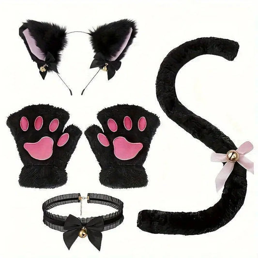 Cute Cat Cosplay Costume Accessories Set with Cat Ears Headband, Paw Gloves, Tail, Choker - Polyester Fairy Theme Outfit Kit for Halloween Dress Up - Hand Washable - SS69