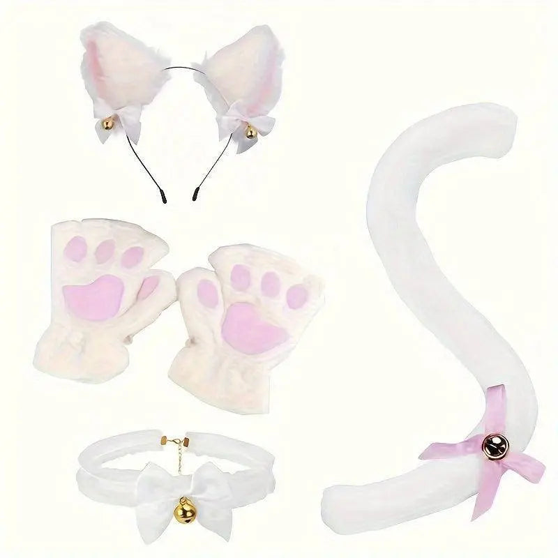 Cute Cat Cosplay Costume Accessories Set with Cat Ears Headband, Paw Gloves, Tail, Choker - Polyester Fairy Theme Outfit Kit for Halloween Dress Up - Hand Washable - SS69