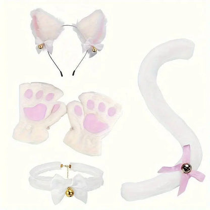 Cute Cat Cosplay Costume Accessories Set with Cat Ears Headband, Paw Gloves, Tail, Choker - Polyester Fairy Theme Outfit Kit for Halloween Dress Up - Hand Washable - SS69