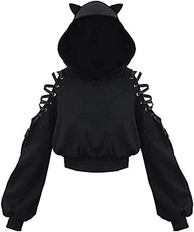 Cute Cat Ear Hoodie, Off-Shoulder Black Punk Crop Pullover - SS69