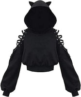 Cute Cat Ear Hoodie, Off-Shoulder Black Punk Crop Pullover - SS69