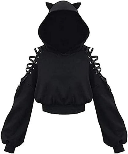 Cute Cat Ear Hoodie, Off-Shoulder Black Punk Crop Pullover - SS69