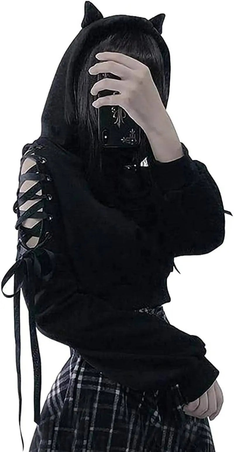 Cute Cat Ear Hoodie, Off-Shoulder Black Punk Crop Pullover - SS69