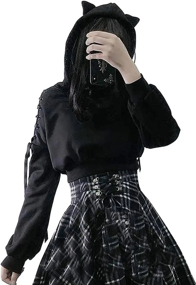 Cute Cat Ear Hoodie, Off-Shoulder Black Punk Crop Pullover - SS69