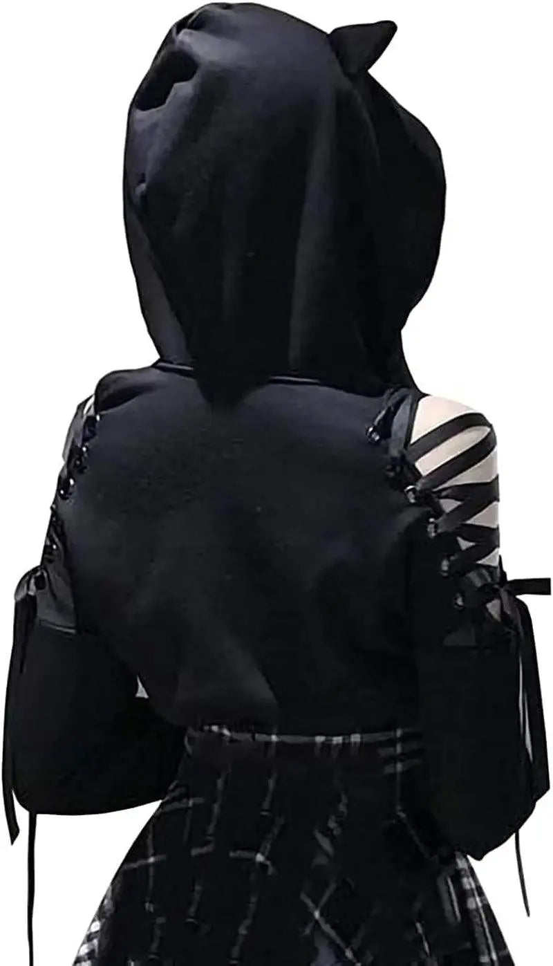 Cute Cat Ear Hoodie, Off-Shoulder Black Punk Crop Pullover - SS69