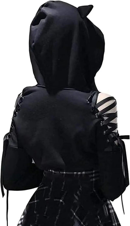 Cute Cat Ear Hoodie, Off-Shoulder Black Punk Crop Pullover - SS69