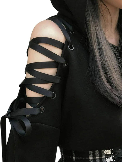 Cute Cat Ear Hoodie, Off-Shoulder Black Punk Crop Pullover - SS69