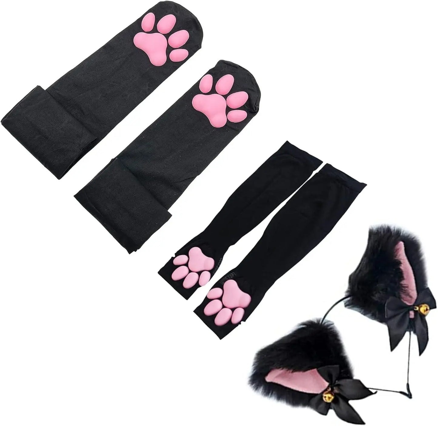 Cute Cat Paw Thigh-High Cosplay Socks with Pink 3D Kitten Claw Fingerless Gloves for Girls and Women. - SS69