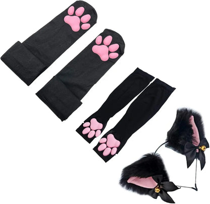 Cute Cat Paw Thigh-High Cosplay Socks with Pink 3D Kitten Claw Fingerless Gloves for Girls and Women. - SS69