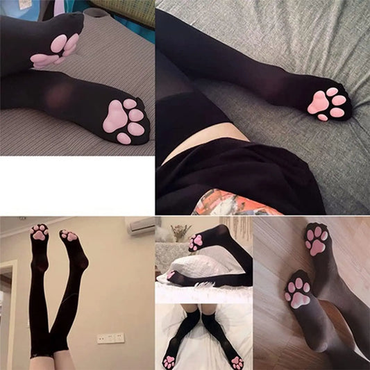 Cute Cat Paw Thigh-High Cosplay Socks with Pink 3D Kitten Claw Fingerless Gloves for Girls and Women. - SS69