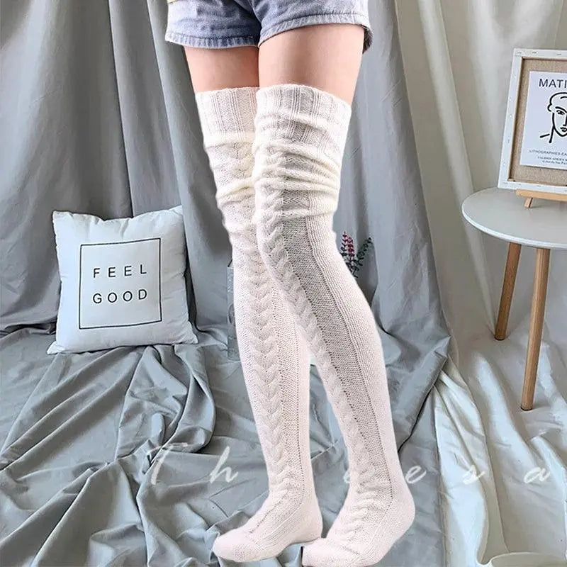 Cute Long Socks Lolita Leg Warmer Knitted Woollen Foot Warmer Stockings Autumn Winter Woman Knee-High Socks Leisure Loose Socks - SS69