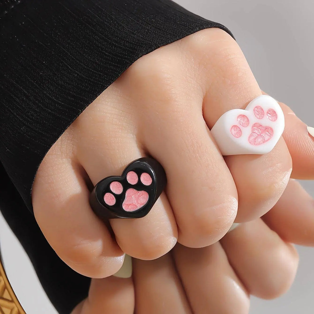Cute Y2K Style Resin Cat Paw Heart Open Ring Set - No Plating, Adjustable Size, Perfect for Party and Music Festivals - 2 Piece Set - SS69