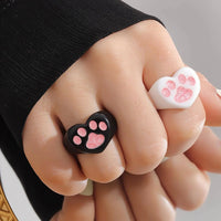 Cute Y2K Style Resin Cat Paw Heart Open Ring Set - No Plating, Adjustable Size, Perfect for Party and Music Festivals - 2 Piece Set - SS69