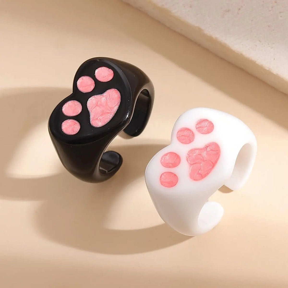 Cute Y2K Style Resin Cat Paw Heart Open Ring Set - No Plating, Adjustable Size, Perfect for Party and Music Festivals - 2 Piece Set - SS69