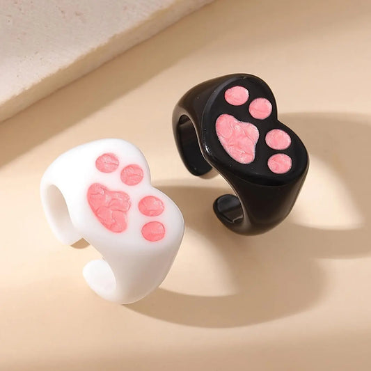 Cute Y2K Style Resin Cat Paw Heart Open Ring Set - No Plating, Adjustable Size, Perfect for Party and Music Festivals - 2 Piece Set - SS69