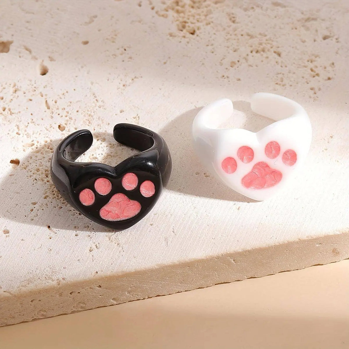Cute Y2K Style Resin Cat Paw Heart Open Ring Set - No Plating, Adjustable Size, Perfect for Party and Music Festivals - 2 Piece Set - SS69