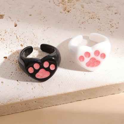 Cute Y2K Style Resin Cat Paw Heart Open Ring Set - No Plating, Adjustable Size, Perfect for Party and Music Festivals - 2 Piece Set - SS69