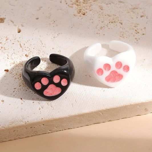 Cute Y2K Style Resin Cat Paw Heart Open Ring Set - No Plating, Adjustable Size, Perfect for Party and Music Festivals - 2 Piece Set - SS69