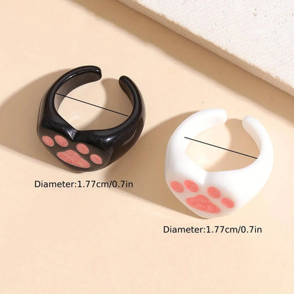 Cute Y2K Style Resin Cat Paw Heart Open Ring Set - No Plating, Adjustable Size, Perfect for Party and Music Festivals - 2 Piece Set - SS69