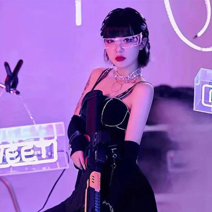 Cyberpunk LED Geometric Glasses with Button Battery Power, Sports Style Photochromatic Lens, Plastic Frame, Hiking Suitable, Fantasy Themed Holiday Decoration Eyewear with Battery Included - SS69