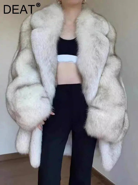 DEAT Fashion Women's Faux Fur Coat Lapel Loose Contrast Color Long Sleeve Pockets Thick Warm Jacket Winter 2025 New Tide 15C738 SS69