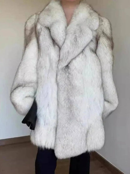 DEAT Fashion Women's Faux Fur Coat Lapel Loose Contrast Color Long Sleeve Pockets Thick Warm Jacket Winter 2025 New Tide 15C738 SS69