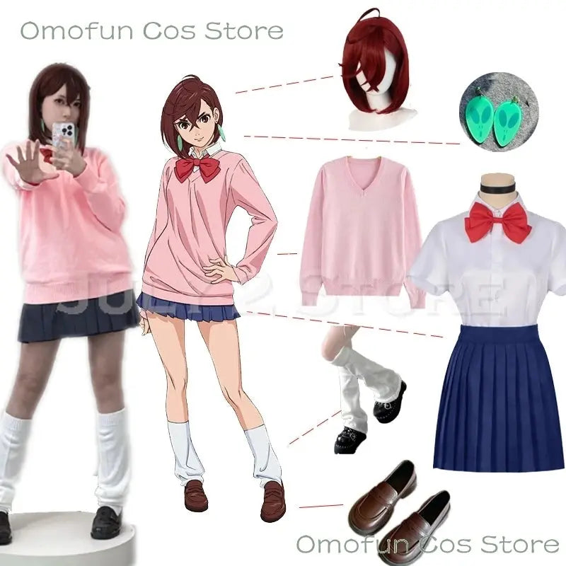 Dandadan Momo Ayase Cosplay Costume Wig Anime School JK Uniform Earrings Pink Sweater Skirt Halloween Party Women Roleplay Sets SS69