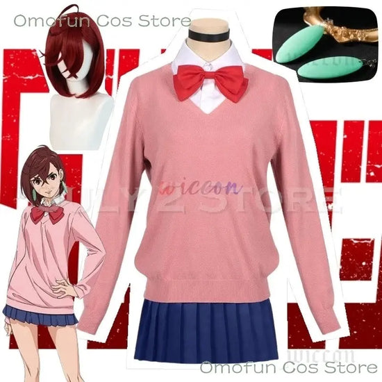 Dandadan Momo Ayase Cosplay Costume Wig Anime School JK Uniform Earrings Pink Sweater Skirt Halloween Party Women Roleplay Sets SS69