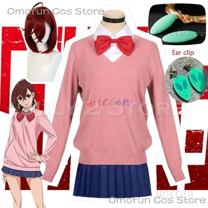 Dandadan Momo Ayase Cosplay Costume Wig Anime School JK Uniform Earrings Pink Sweater Skirt Halloween Party Women Roleplay Sets SS69 53.69 All Set and ear clip / L