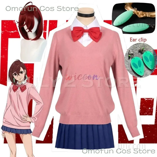 Dandadan Momo Ayase Cosplay Costume Wig Anime School JK Uniform Earrings Pink Sweater Skirt Halloween Party Women Roleplay Sets SS69 53.69 All Set and ear clip / L