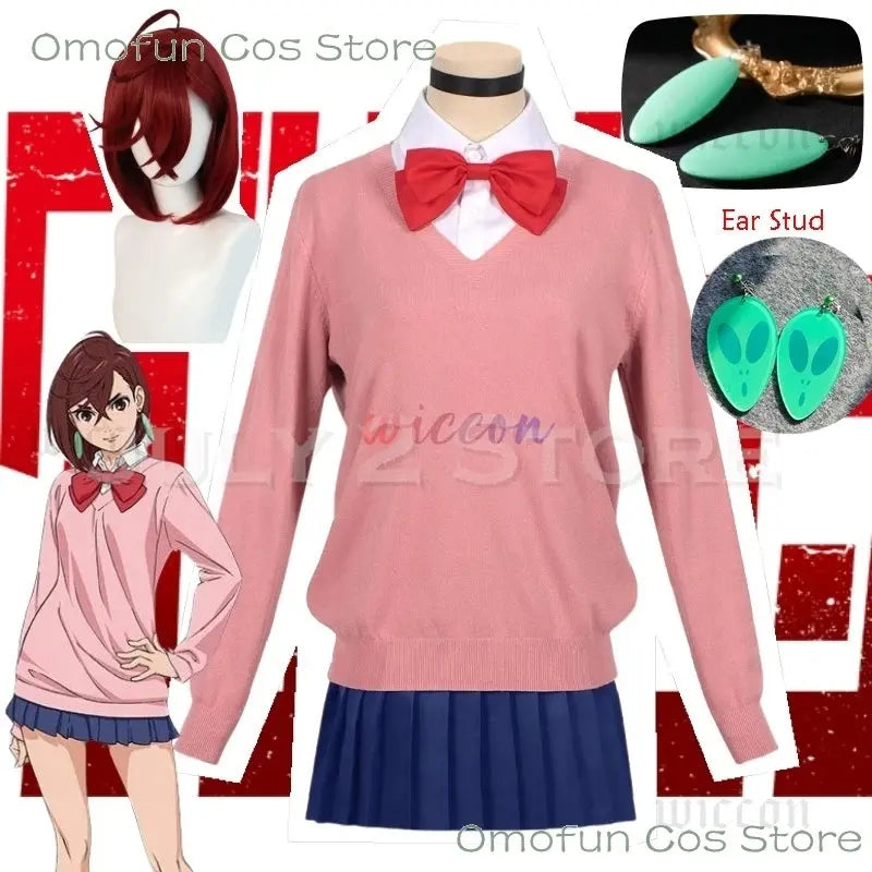 Dandadan Momo Ayase Cosplay Costume Wig Anime School JK Uniform Earrings Pink Sweater Skirt Halloween Party Women Roleplay Sets SS69 53.69 All Set and earstud / M