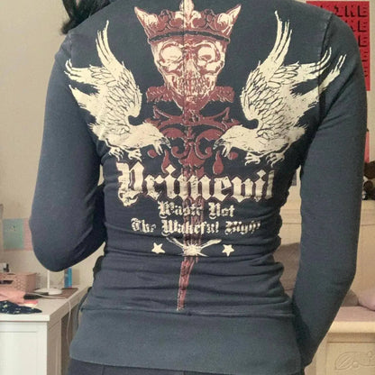 Dourbesty Vintage Bandage Zip-up Sweatshirts Y2k Aesthetic Print Women Long Sleeve Crop Tops 2000s Retro Jackets Grunge Clothes SS69