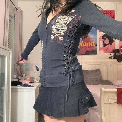 Dourbesty Vintage Bandage Zip-up Sweatshirts Y2k Aesthetic Print Women Long Sleeve Crop Tops 2000s Retro Jackets Grunge Clothes SS69