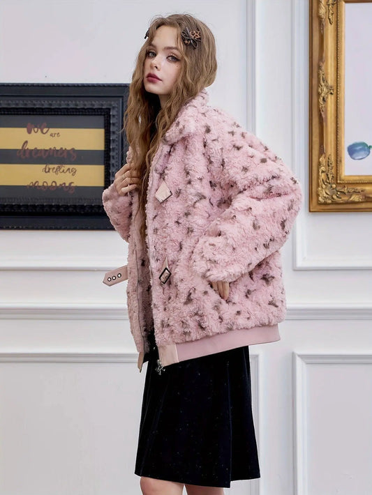 ELFSACK Chic Pink Leopard Print Plush Jacket for Women - Y2K Style, Zip-Up, Faux Lamb Wool Coat with Pockets, Perfect for Fall/Winter SS69