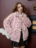 ELFSACK Chic Pink Leopard Print Plush Jacket for Women - Y2K Style, Zip-Up, Faux Lamb Wool Coat with Pockets, Perfect for Fall/Winter SS69