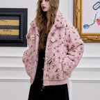 ELFSACK Chic Pink Leopard Print Plush Jacket for Women - Y2K Style, Zip-Up, Faux Lamb Wool Coat with Pockets, Perfect for Fall/Winter SS69