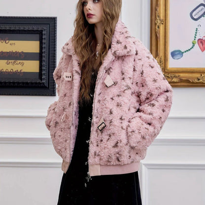 ELFSACK Chic Pink Leopard Print Plush Jacket for Women - Y2K Style, Zip-Up, Faux Lamb Wool Coat with Pockets, Perfect for Fall/Winter SS69