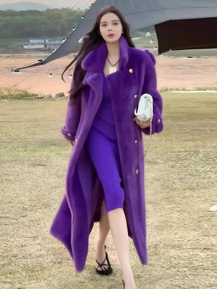 Elegant Environmentally Friendly Faux Fur Coat Autumn Winter New Purple Loose Thick Double Breasted Long Plush Jacket Women Tide SS69