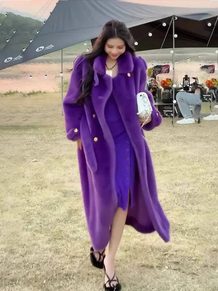 Elegant Environmentally Friendly Faux Fur Coat Autumn Winter New Purple Loose Thick Double Breasted Long Plush Jacket Women Tide SS69