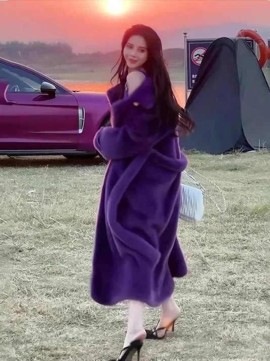 Elegant Environmentally Friendly Faux Fur Coat Autumn Winter New Purple Loose Thick Double Breasted Long Plush Jacket Women Tide SS69