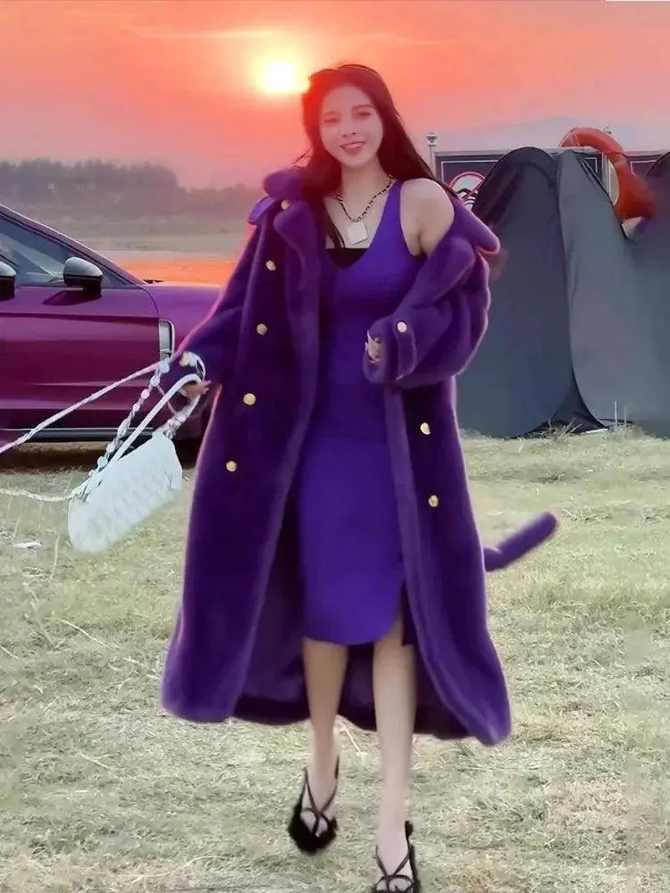 Elegant Environmentally Friendly Faux Fur Coat Autumn Winter New Purple Loose Thick Double Breasted Long Plush Jacket Women Tide SS69