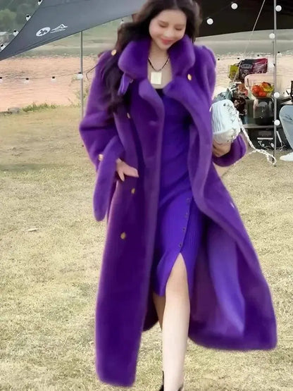 Elegant Environmentally Friendly Faux Fur Coat Autumn Winter New Purple Loose Thick Double Breasted Long Plush Jacket Women Tide SS69