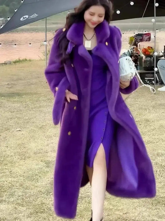 Elegant Environmentally Friendly Faux Fur Coat Autumn Winter New Purple Loose Thick Double Breasted Long Plush Jacket Women Tide SS69
