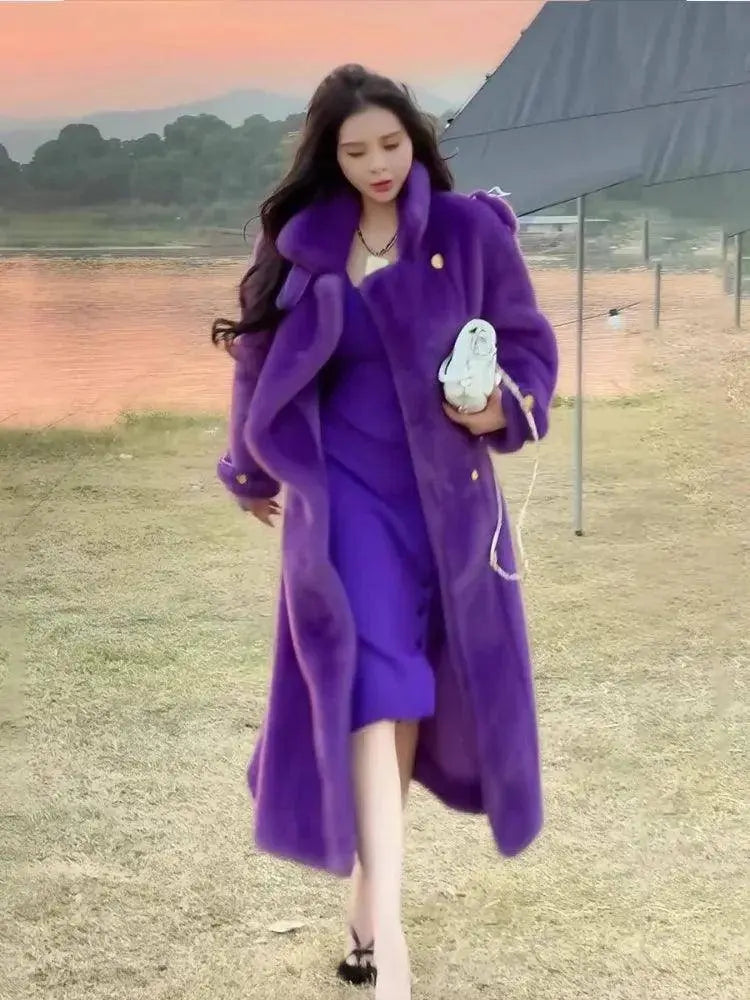 Elegant Environmentally Friendly Faux Fur Coat Autumn Winter New Purple Loose Thick Double Breasted Long Plush Jacket Women Tide SS69