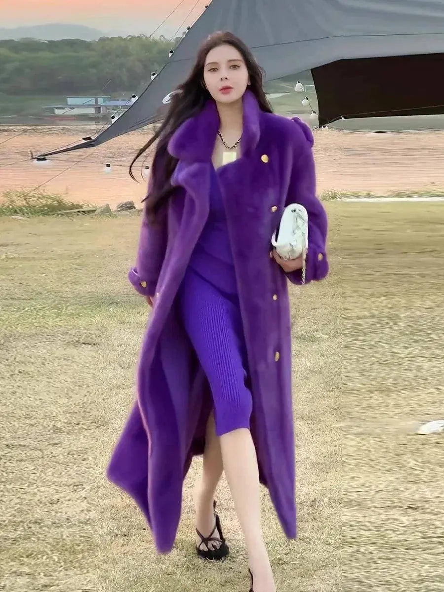 Elegant Environmentally Friendly Faux Fur Coat Autumn Winter New Purple Loose Thick Double Breasted Long Plush Jacket Women Tide SS69